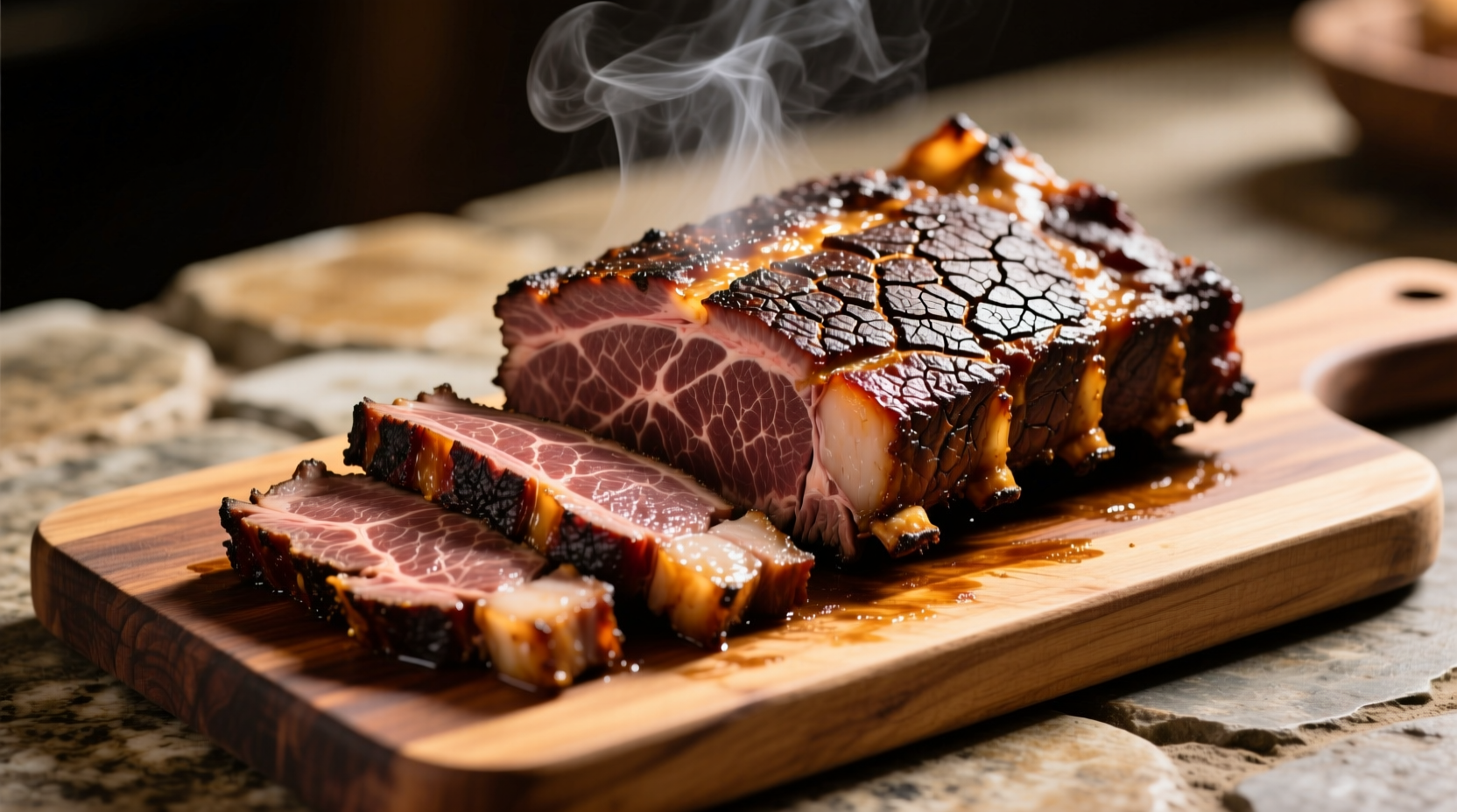Perfectly cooked beef brisket with rich bark and tender slices