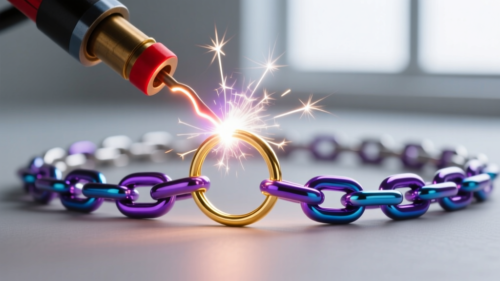 Close-up of a pulse arc welder sparking on a gold jump ring connecting an iridescent purple-to-blue aura permanent jewelry chain