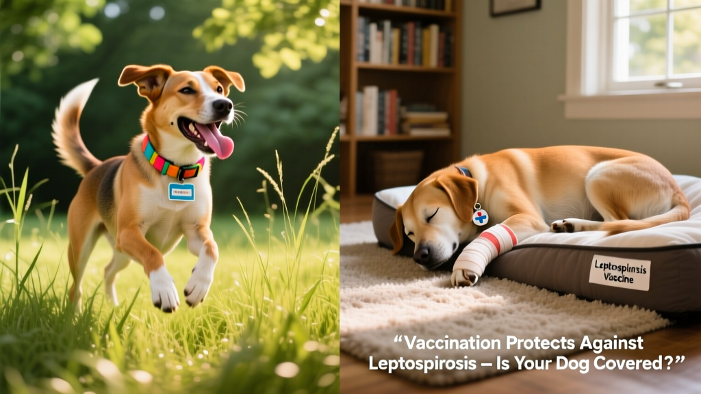 Side-by-side comparison showing a healthy dog playing outdoors versus a dog resting quietly while recovering from illness, illustrating the protective value of vaccination