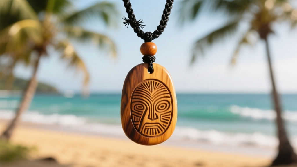 Polished Koa wood pendant with traditional Hawaiian carvings hanging from a braided black cord against a softly blurred beach