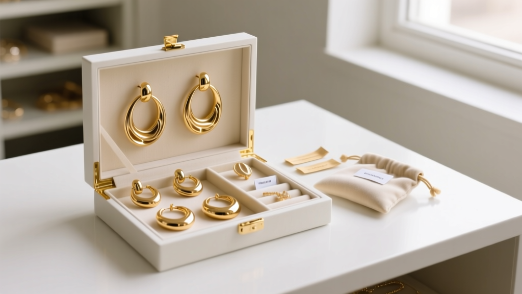 Open luxury jewelry box with anti-tarnish strips and microfiber pouches storing large gold designer hoop earrings in a dry room
