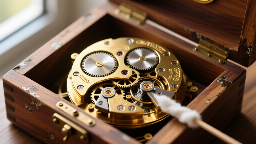 Overhead view of an exposed vintage Swiss brass musical movement inside a wooden box, being cleaned with a cotton swab.