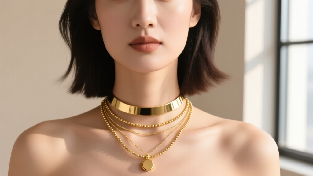 Woman wearing a layered necklace stack featuring a delicate 2mm gold bead chain, a solid gold pendant, and a 16-inch gold choker