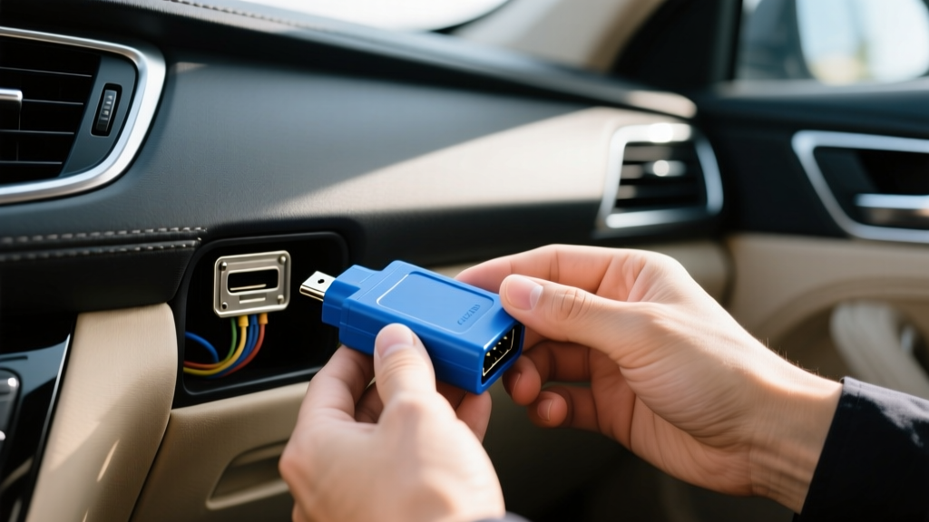 Hands plugging a small blue OBD2 diagnostic scanner into the data link connector port located under the steering wheel of a modern sedan.