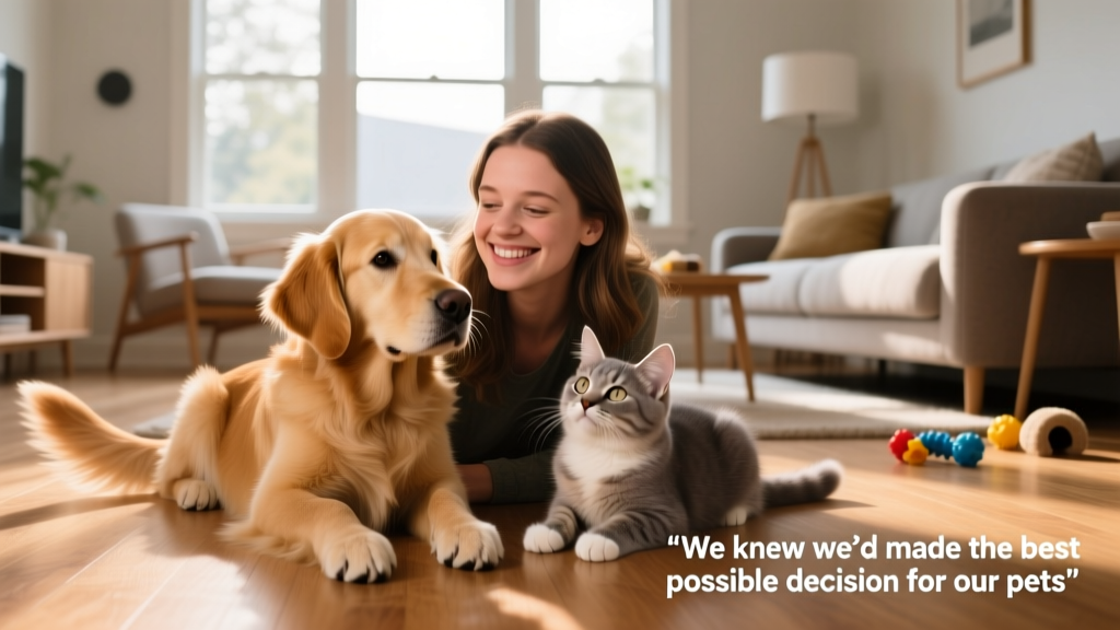 Katie smiling beside Piper (a young golden retriever) and Elvis (a fluffy gray kitten) in their sunlit living room