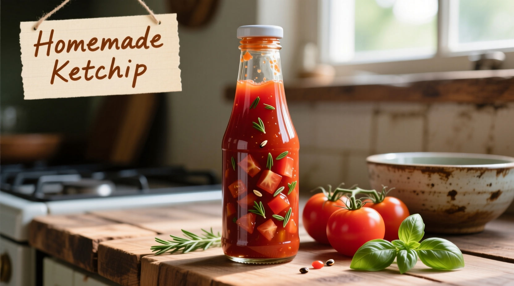 Homemade ketchup in glass bottle with fresh tomatoes