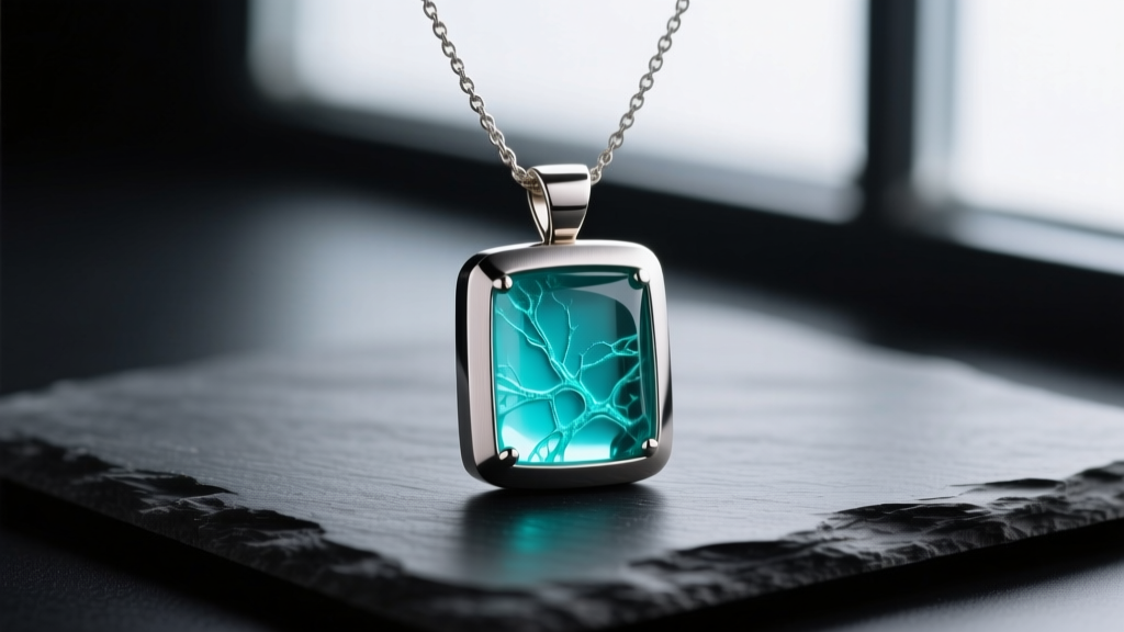 Close-up of an Esmor necklace pendant with a brushed titanium frame inlaid with translucent teal bio-resin, resting on dark slate.
