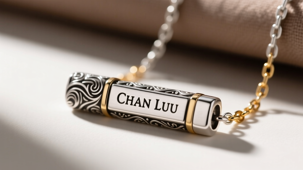 Macro shot of an oxidized sterling silver Chan Luu bar pendant showing hand-engraved detailing and mixed-metal chain links