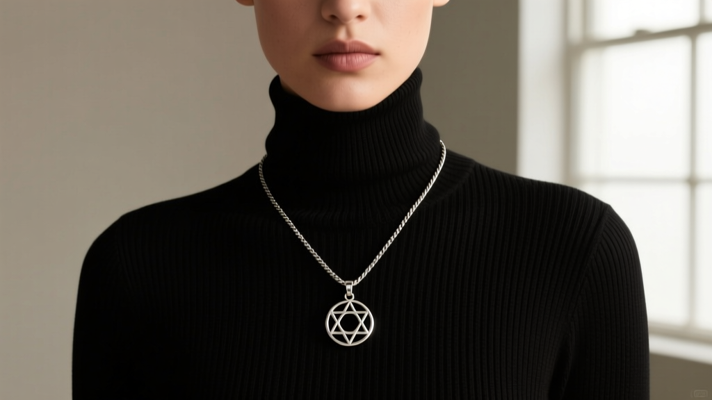 Model wearing a stainless steel necklace with a 2mm rope chain holding an Ophanim pendant over a black ribbed turtleneck sweater.