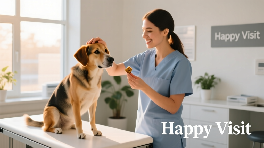 A calm dog receiving gentle praise from a veterinary technician during a 'happy visit'
