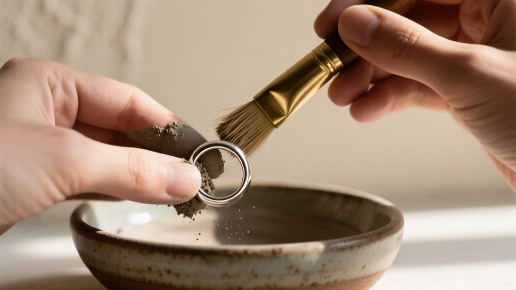 Hands gently scrubbing a delicate silver clay ring with a soft brass brush over a ceramic bowl, showcasing satin polishing.