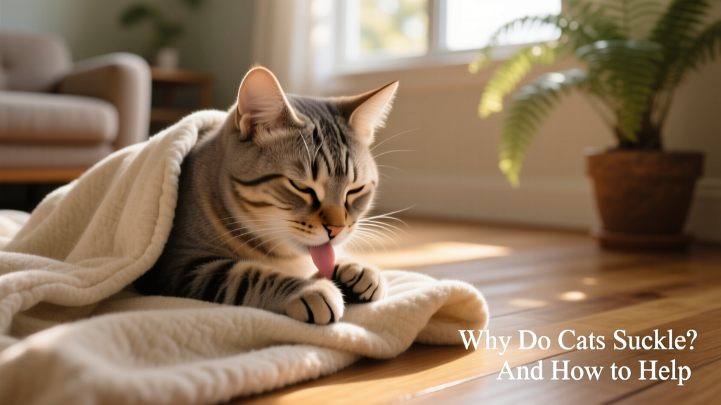 Close-up of a relaxed adult cat gently suckling on a soft, folded blanket