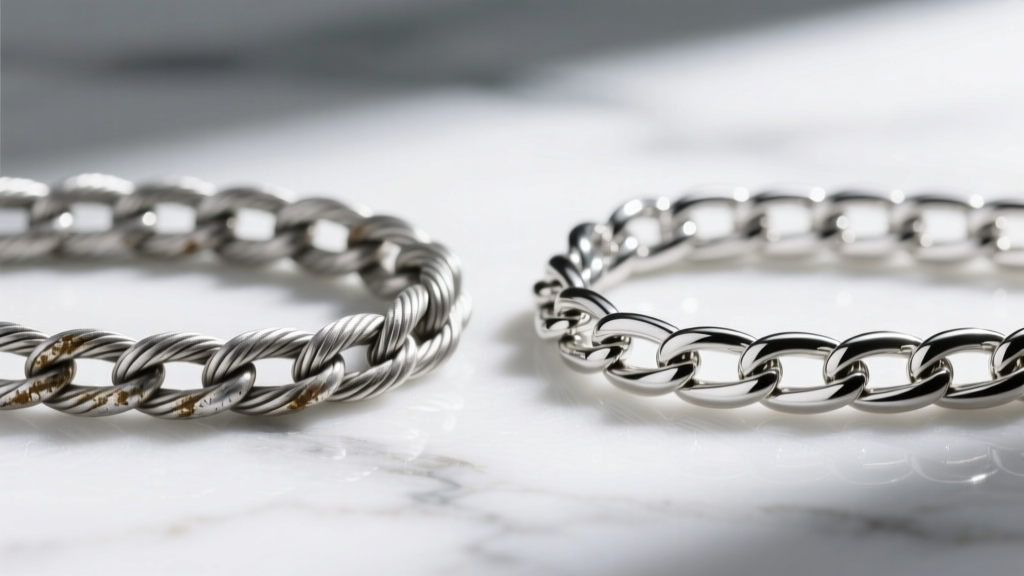 Side-by-side macro comparison showing a tarnished sterling silver cable chain next to a pristine 950 platinum curb chain on marble.