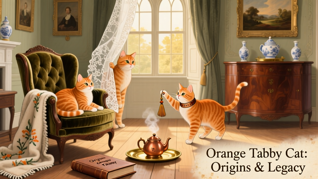 Historical illustration showing orange cats in a 19th-century European home setting