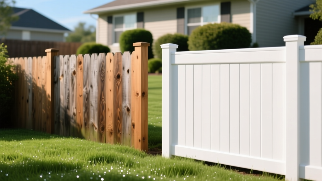 Side-by-side comparison of weathered cedar wood fence panels and pristine white vinyl fencing in a suburban backyard with lush green grass