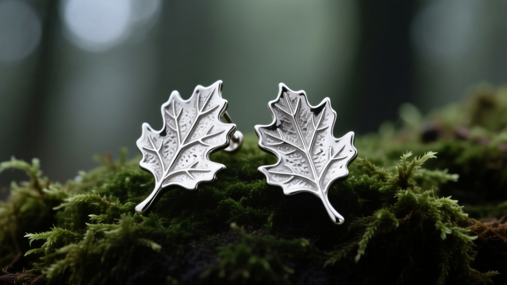 Macro shot of intricate sterling silver forest earrings shaped like oak leaves resting on dark moss with soft directional lighting