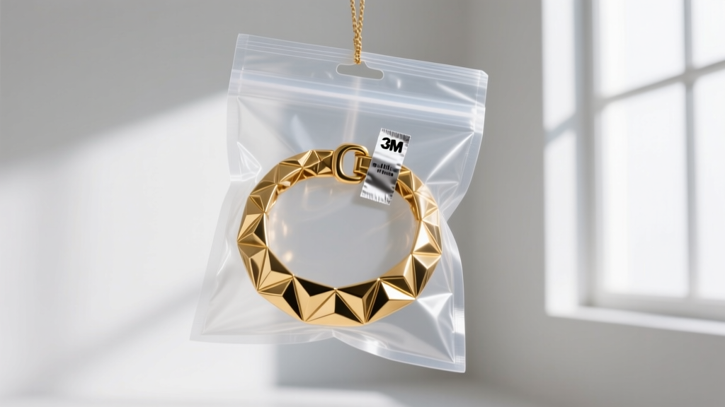 Sealed clear polyethylene pouch containing a chunky gold-plated brass collar necklace alongside a small 3M anti-tarnish strip.