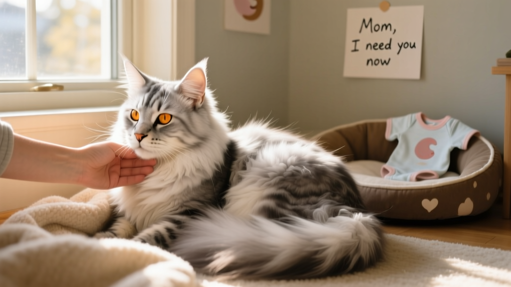 Silver Maine Coon cat gently nuzzling her human caregiver as she begins nesting behavior
