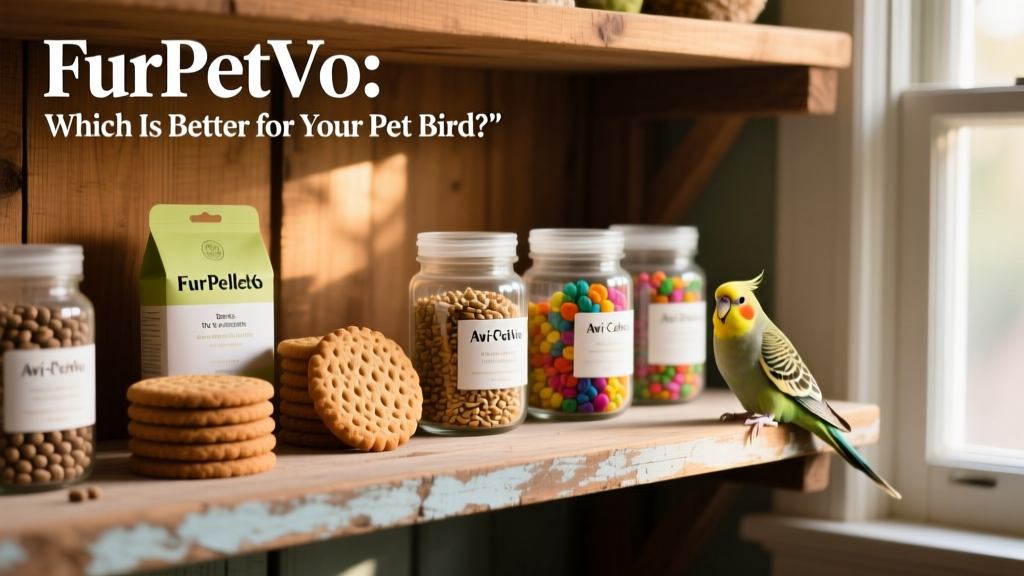 A vibrant assortment of FurPetVo products on a clean wooden shelf: organic pellets, Avi-Cakes, and species-specific seed blends