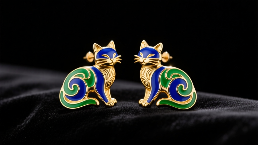Vintage Laurel Burch gold-plated cat earrings with vibrant blue and green enamel resting on dark velvet under soft studio light