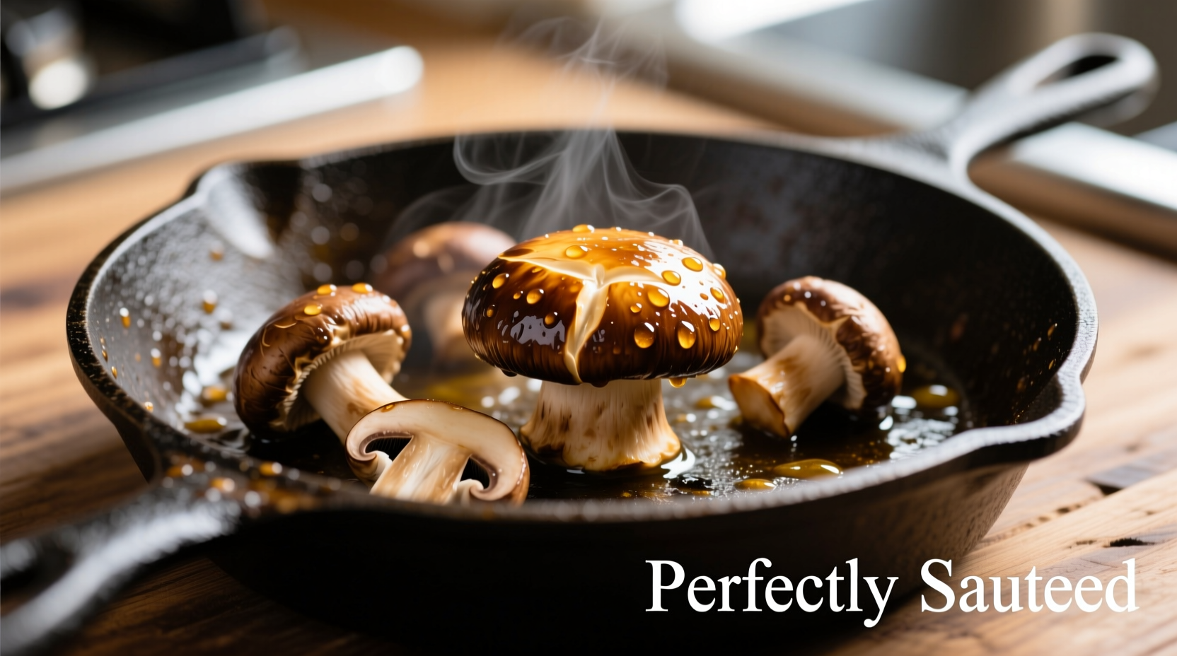 Perfectly sautéed shiitake mushrooms in cast iron skillet