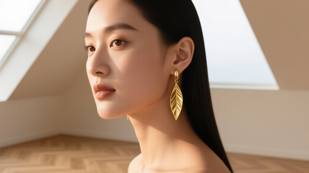 Woman with a round face wearing narrow gold leaf dangle earrings to elongate her jawline, captured in soft, diffused natural light