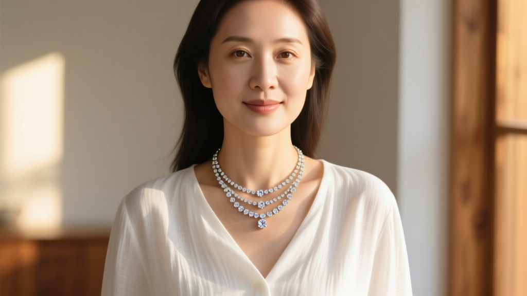 Mother wearing a layered diamond birthstone mama necklace over a white linen blouse, captured in warm natural afternoon sunlight.