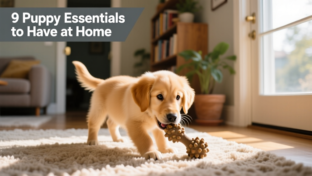 A playful golden retriever puppy gently chewing a durable rubber toy on a rug near a sunny window