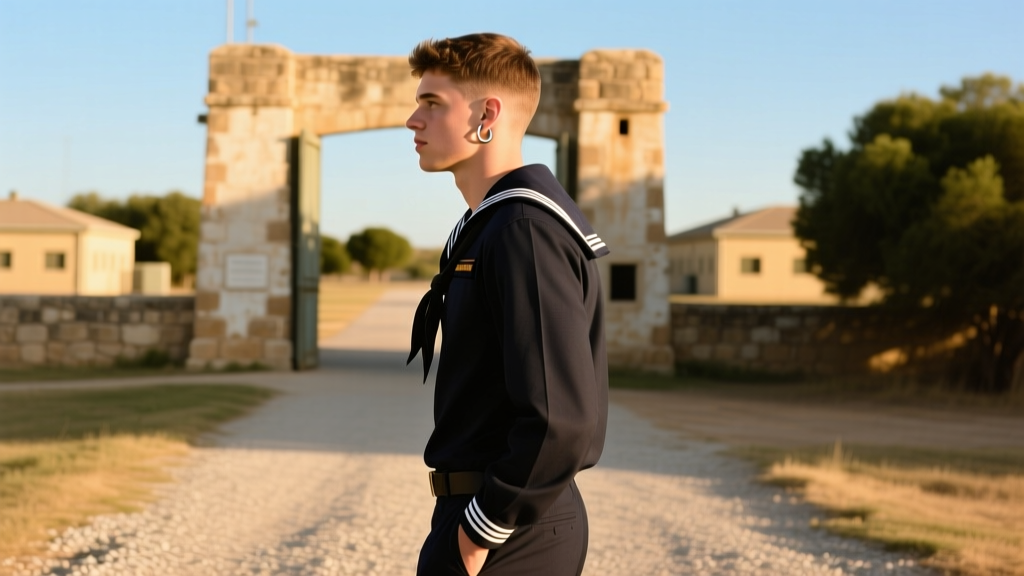 Side profile of a male sailor in civilian clothes walking off base, wearing a small minimalist titanium hoop earring off-duty