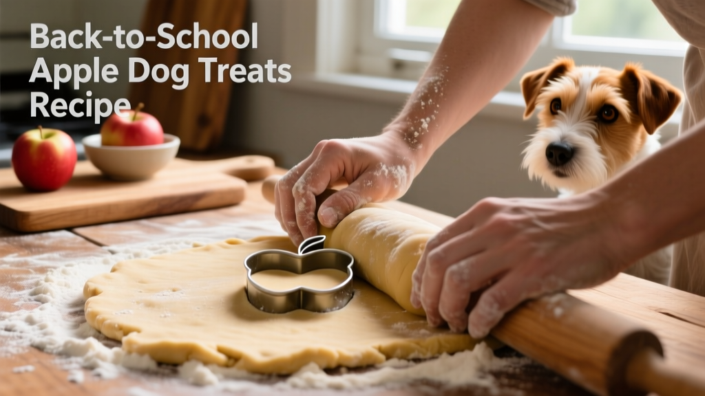Hands rolling dough and pressing it into an apple-shaped cookie cutter on a floured surface