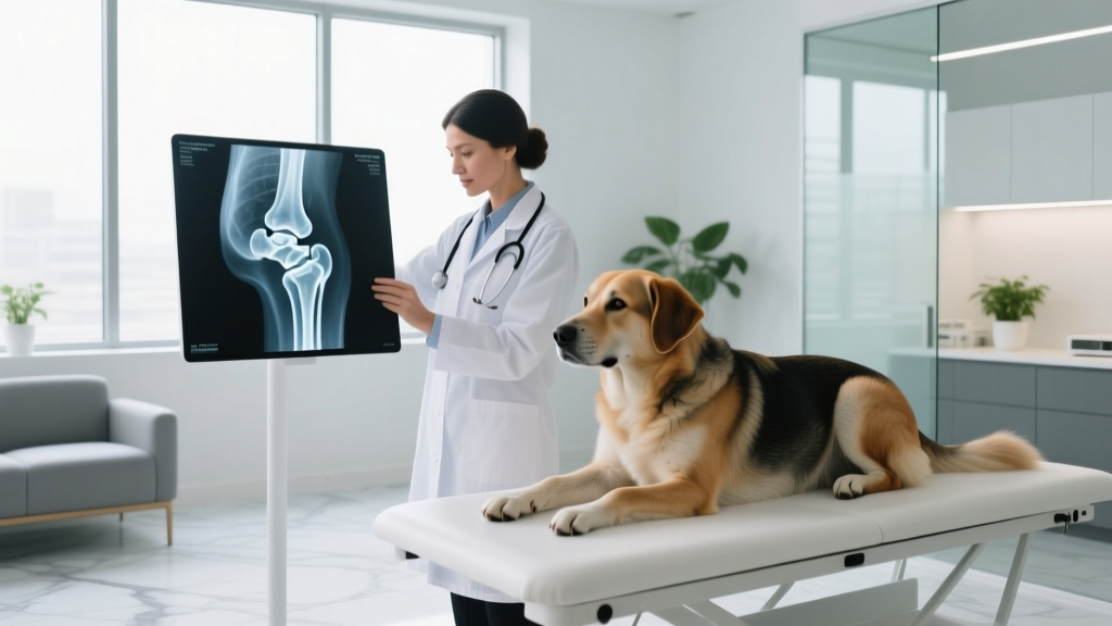 Veterinarian examining large dog hip joint x-ray to assess osteoarthritis progression and supplement treatment plan