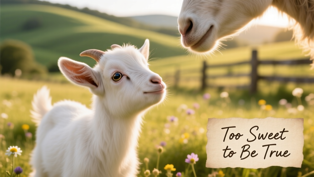 Close-up of a baby goat turning its head toward its mother’s direction, ears perked up