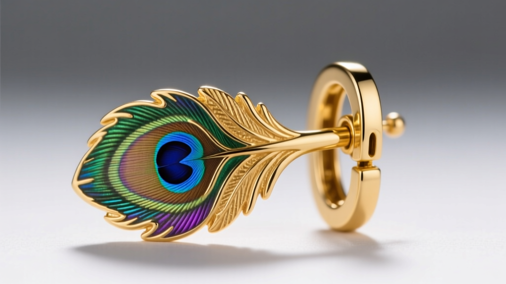 Close-up of an omega-back clasp securing a heavy 22k gold peacock earring, showcasing the thick post and sturdy hinge mechanism.