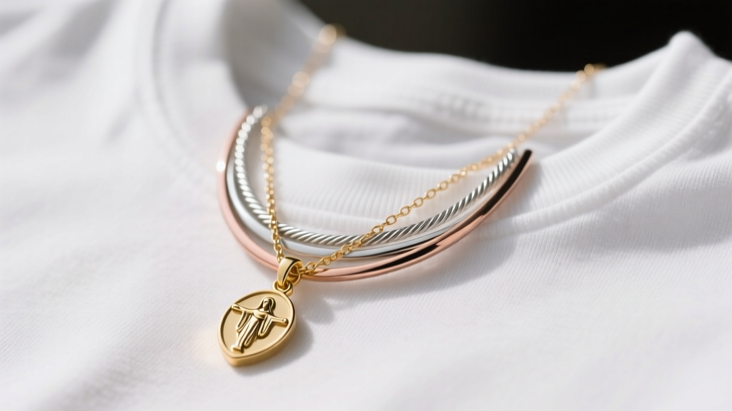 Mixed-metal layered necklace set featuring a small 14k gold St. Christopher pendant on a delicate cable chain over a white t-shirt