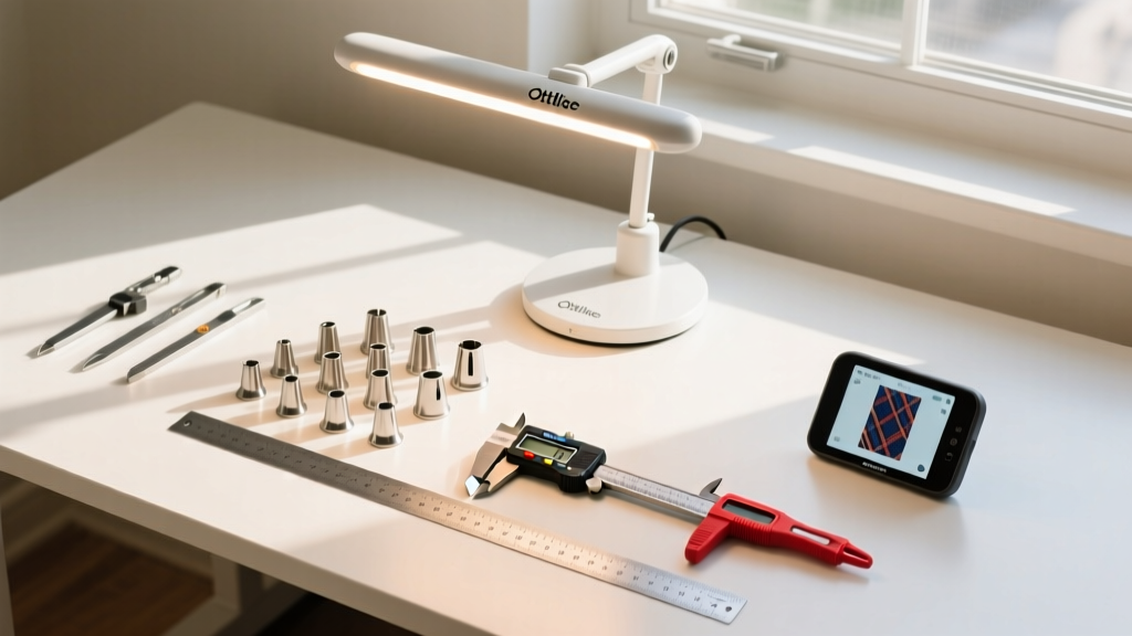 Overhead view of a sewing desk featuring an OttLite lamp, specialized presser feet, digital calipers, and a smart gadget display.