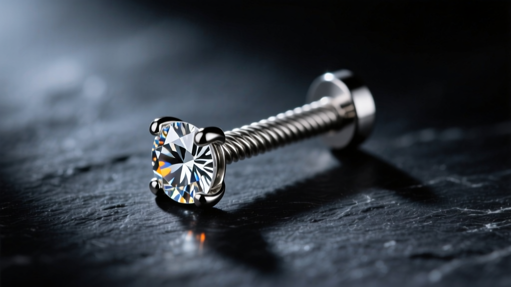 Close-up of 18g titanium nostril screw with a 2mm diamond on dark slate, dramatic lighting highlighting the 1.0mm wire.