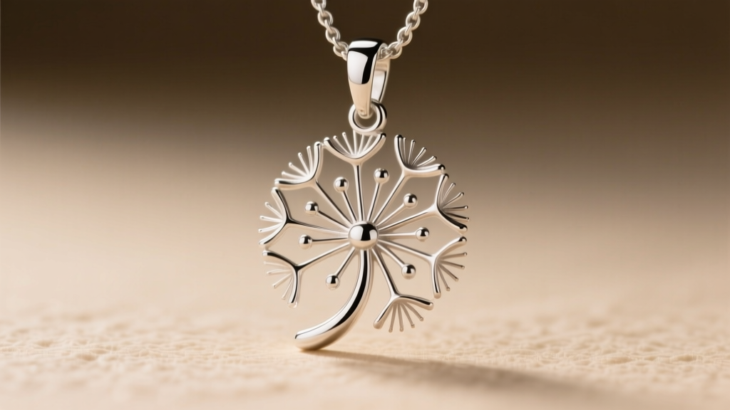 Macro shot of a lost-wax cast sterling silver dandelion pendant, revealing intricate seed textures and polished metal finishes.