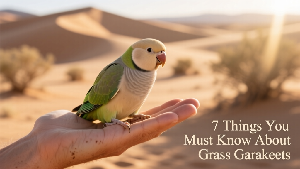 A calm Bourke's parakeet perched gently on a human hand, showcasing its gentle nature and soft desert coloring