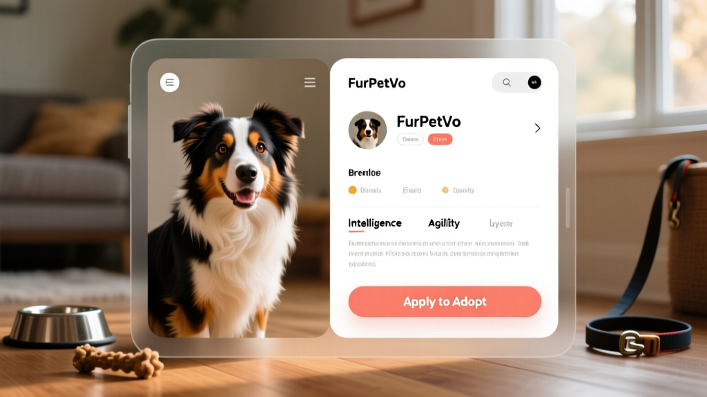 Screenshot-style image showing a FurPetVo profile page with a Border Collie photo, bio section, and 'Apply to Adopt' button