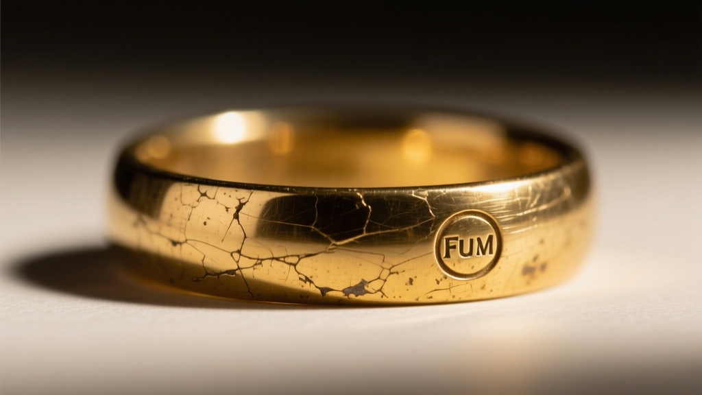 Macro photo of a worn vintage gold ring band showing a barely visible, faded hallmark stamp under bright, angled raking light.