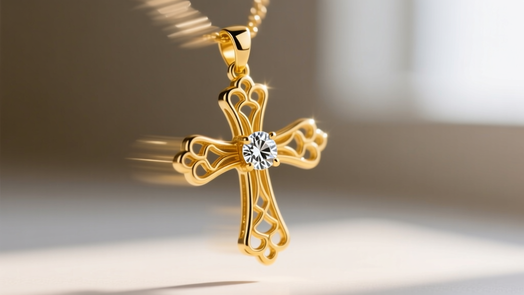 Close-up of a 14k yellow gold cruciform pendant mid-swing, showing motion blur on edges but sharp focus on a center diamond.