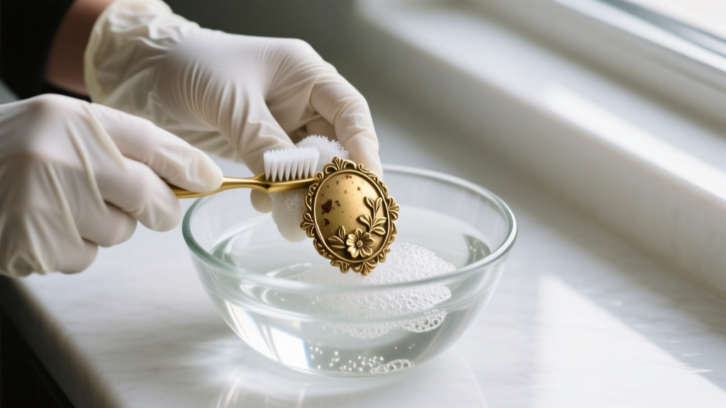 A pair of nitrile-gloved hands gently scrubbing a brass vintage brooch with a soft toothbrush and mild soapy water in a glass bowl