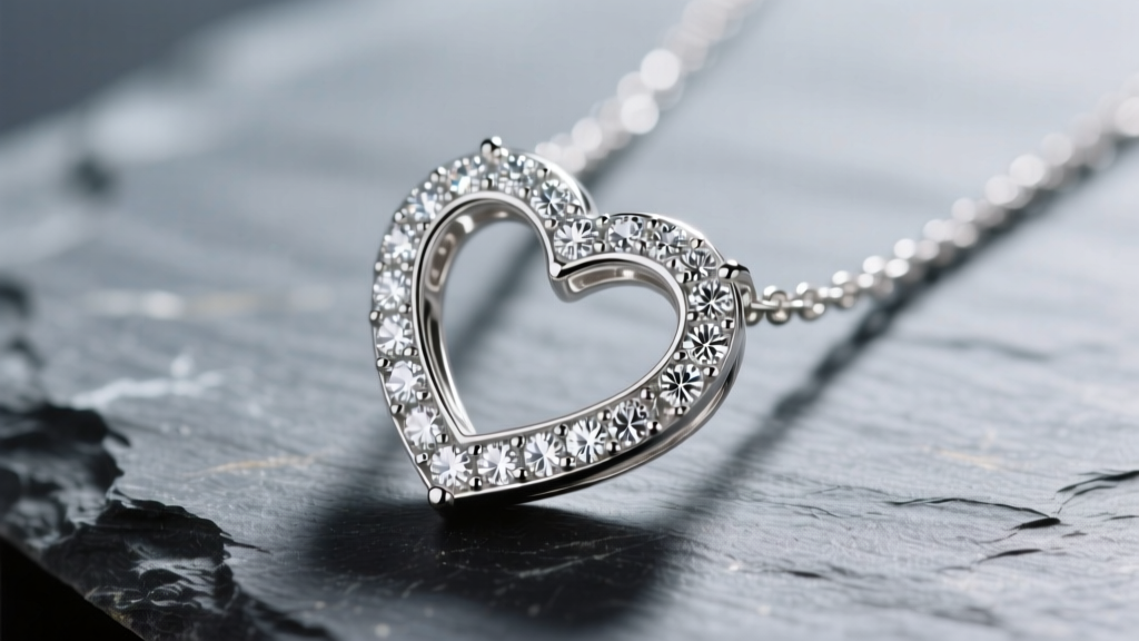 Macro shot of a sterling silver and diamond heart necklace on slate, showing pavé melee stones and bright rhodium plating finish