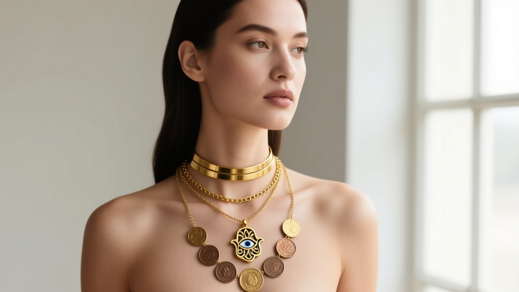 Woman wearing a layered stack with a 14-inch gold choker, 16-inch hamsa evil eye pendant, and an 18-inch textured coin necklace.