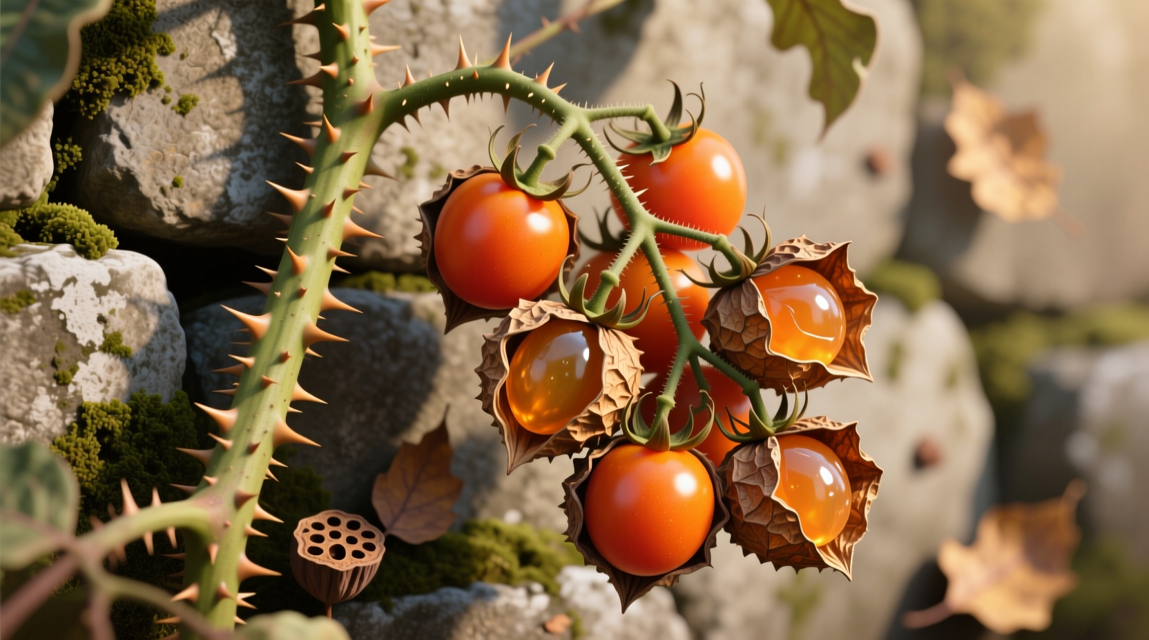 Litchi tomato plant with spiny stems and orange berries in husks