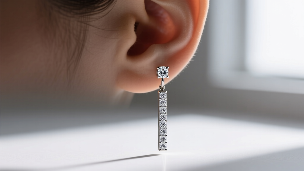 Side profile of diamond linear drops showing weight distribution, top stud flush against the earlobe without forward drooping.