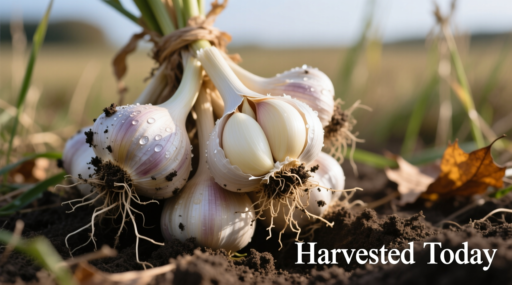 Freshly harvested organic garlic bulbs with soil