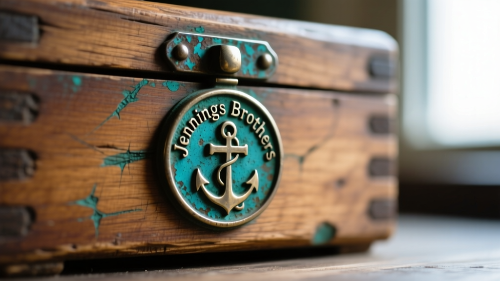 Macro close-up of an antique box underside revealing the stamped Jennings Brothers cross and anchor JB hallmark in oxidized metal