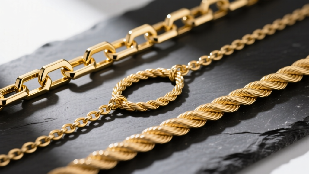 Three gold chain styles including box, cable, and rope, laid flat on dark slate to demonstrate link thickness and weave patterns.