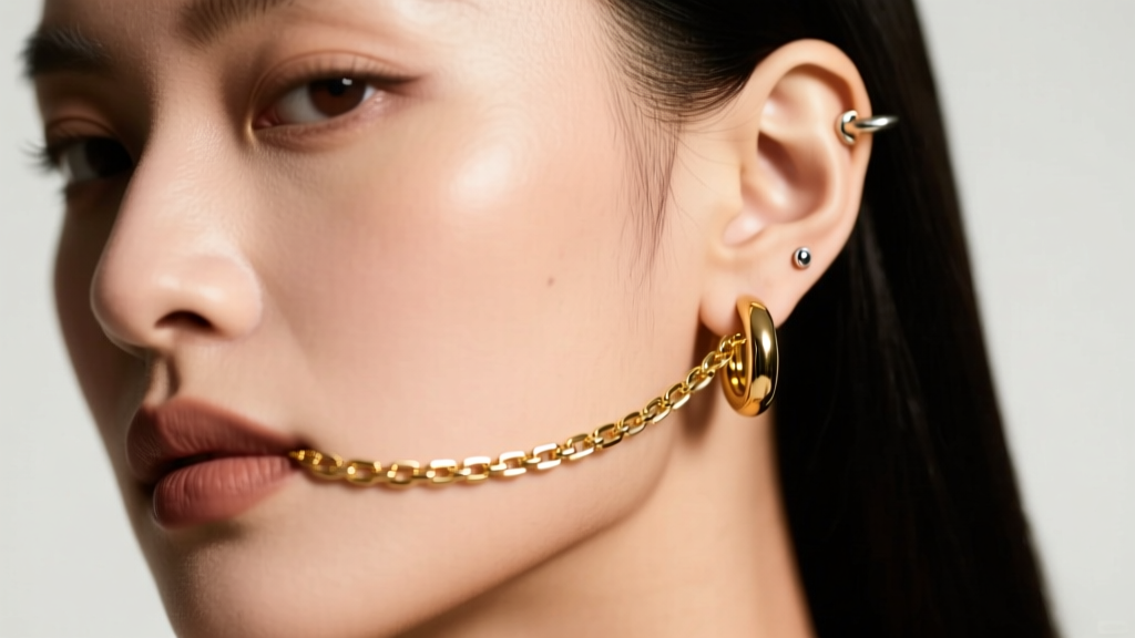 Double lobe piercing with connected 14k gold chain earrings, showing metal tension and polished finish under warm light.